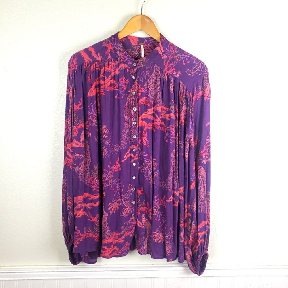 Women's Free People Cherry Blossom Tree Oversized Purple Button-Up Blouse Sz XS